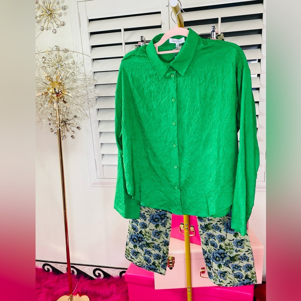 Oversized Green Button Down Textured Shirt